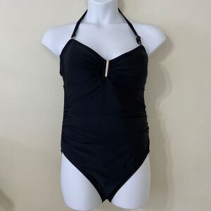 Calvin Klein 1 pc.  Swimsuit women’s Size 14 Front gold tone detail Side Ruching